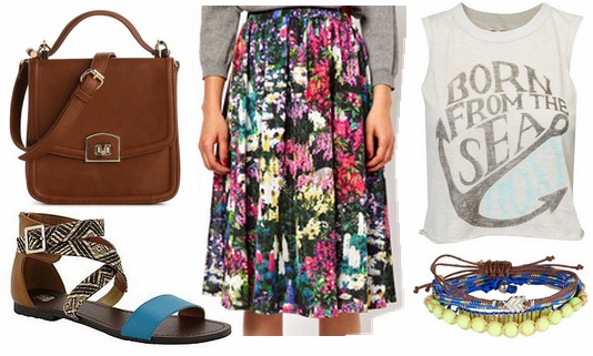 Kmart sandals, floral skirt, graphic tee
