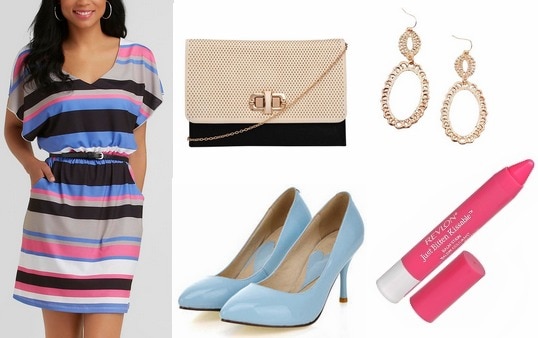 Kmart striped dress, blue pumps, two tone clutch