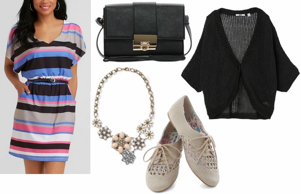 Kmart striped dress, oxfords, statement necklace