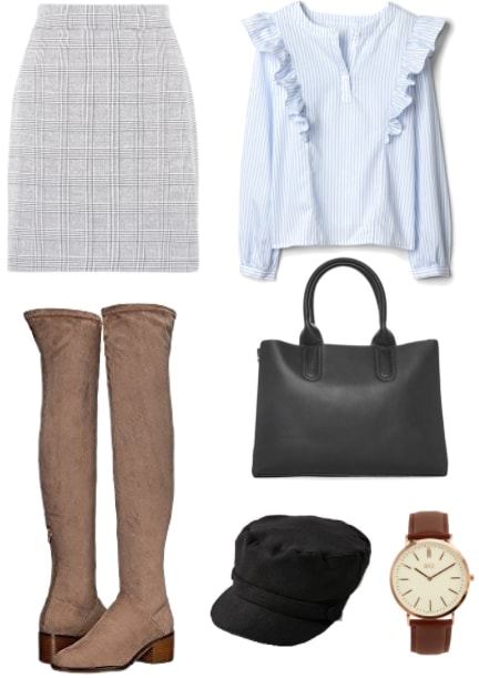 How to transition knee high boots from winter to spring: Outfit with knee-high boots, plaid ruffle top, houndstooth skirt, black leather bag, newsboy cap, and a brown leather watch.