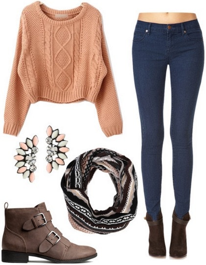 Knit sweater, jeans, booties, fair isle scarf
