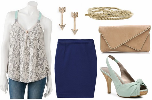 Kohls lace racerback tank, navy skirt, mint heels