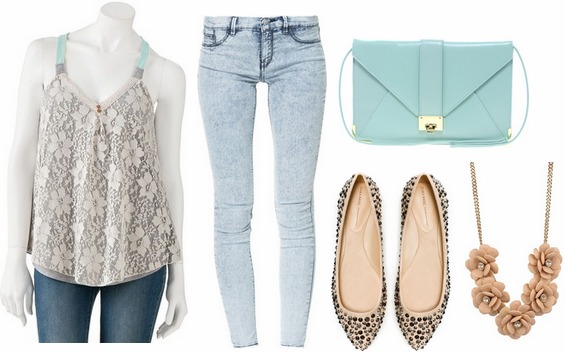 Kohls lace racerback tank, skinny jeans, studded flats