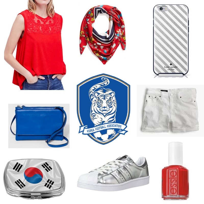 World Cup outfit inspired by Korea: Red top, blue crossbody bag, white shorts, silver Adidas superstars, red nail polish, striped phone case, red scarf