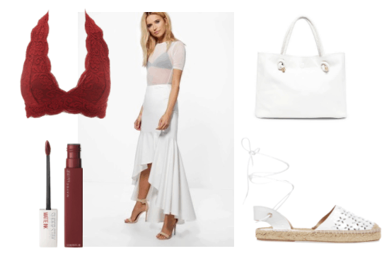 Summer outfit idea inspired by Kratos from God of War: White long skirt, white lace-up espadrilles with laser cut detail, white tote bag, red lipstick, red lace bralette