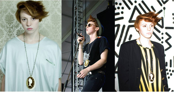 La Roux wearing a cameo necklace