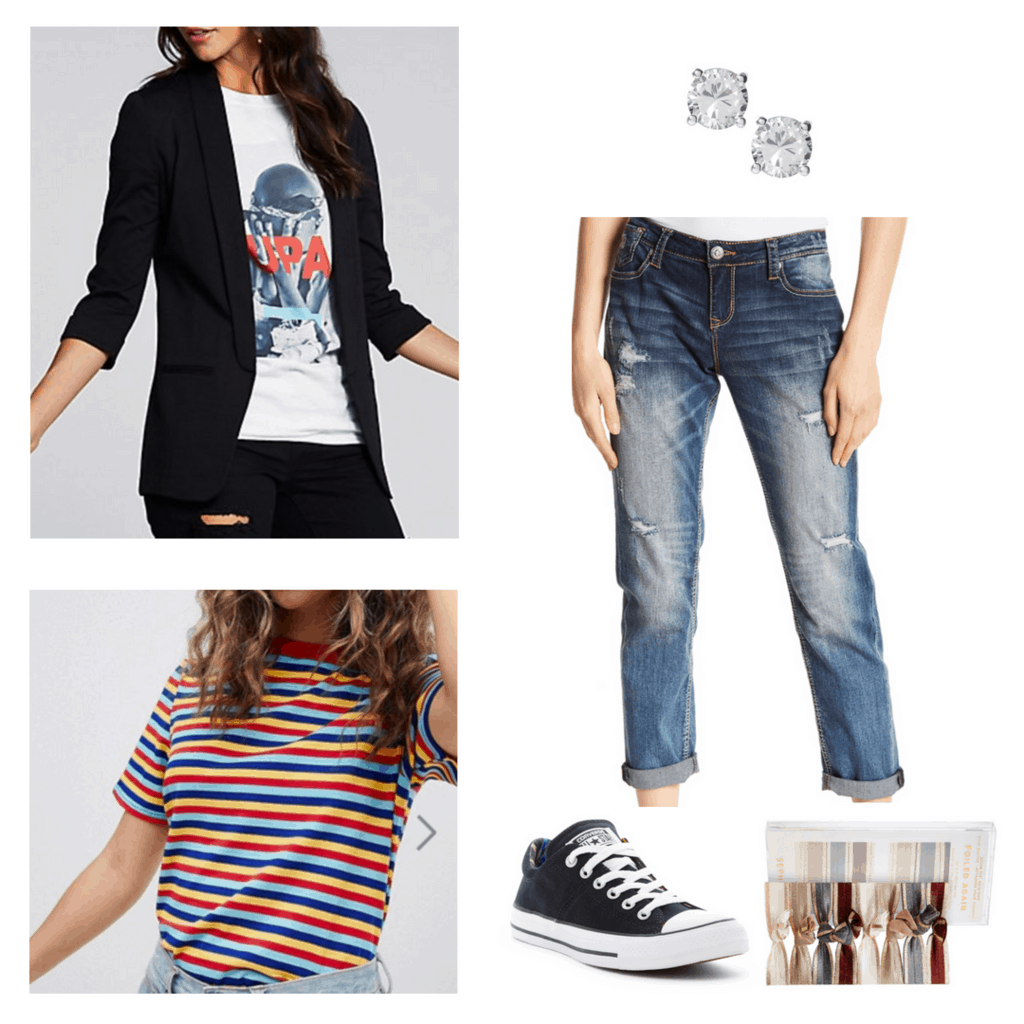 college lab outfit blazer faded jeans striped t-shirt stud earrings chucks