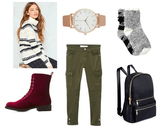 Black and white sweater, velvet booties, rose-gold watch, fuzzy socks, cargo pants, leather backpack