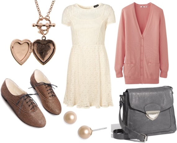 lace dress look for day with brown oxfords pale pink cardigan gray stachel