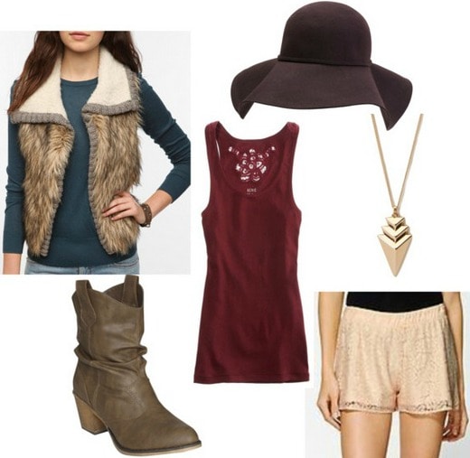 Lace shorts outfit- tank top, boots, vest, hat