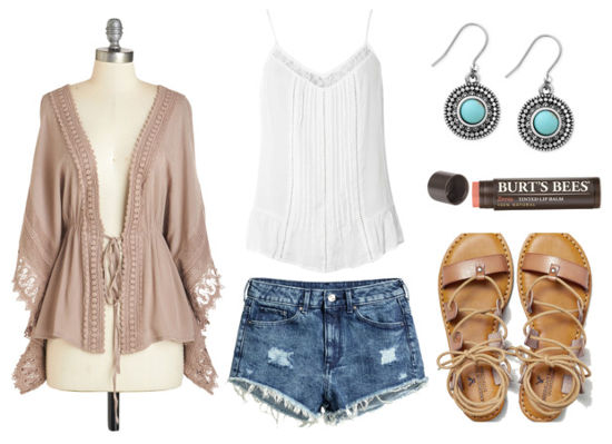 lace tank, denim shorts, cardigan