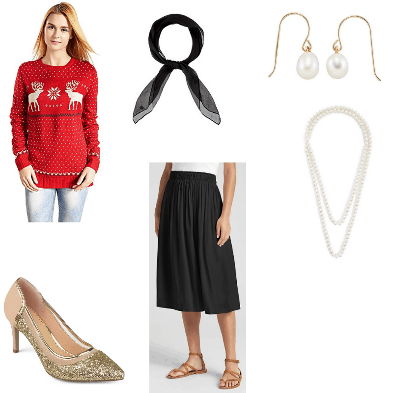 Outfit with red reindeer sweater, black midi skirt, sparkly gold pumps, black scarf, and pearl earrings and necklace