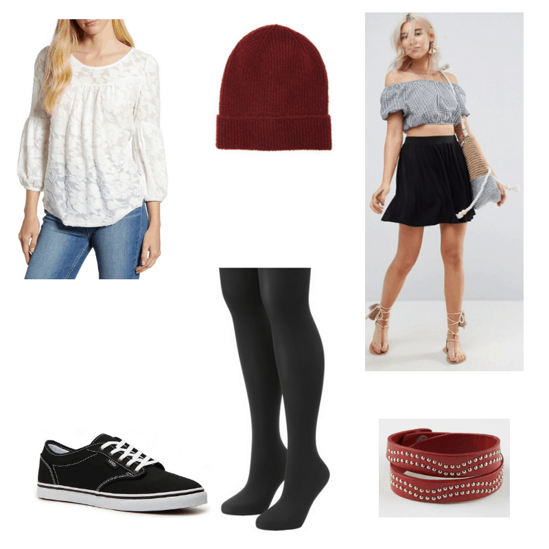 Outfit with lace blouse, black skirt, black tights, burgundy beanie, red studded bracelet, and Vans sneakers