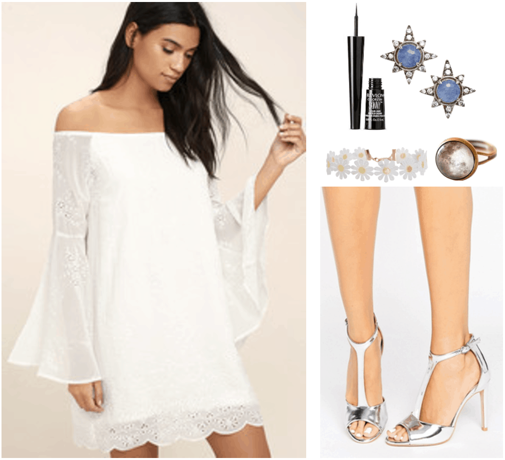 Fashion Inspired by Music Videos: "Love," by Lana Del Rey--Outfit #1 featuring white off-the-shoulder bell-sleeve embroidered mini-dress, skinny black eyeliner, silver star earrings with blue and white stones, white daisy crochet choker, bronze-tone and glass moon ring, and silver t-bar heeled sandals