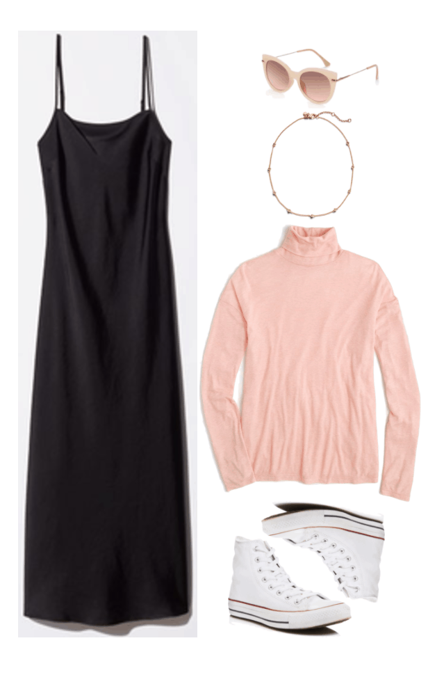 Fashion Inspired by Music Videos: "Love," by Lana Del Rey--Outfit #3 featuring long black slip dress, pink cat-eye sunglasses, gold beaded chain necklace, pink turtleneck t-shirt, and white Converse high-top sneakers