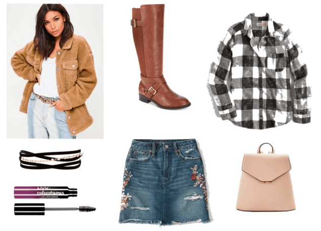 Sherpa jacket, riding boots, white flannel, pink backpack, embroidered denim skirt, layered chokers, mascara