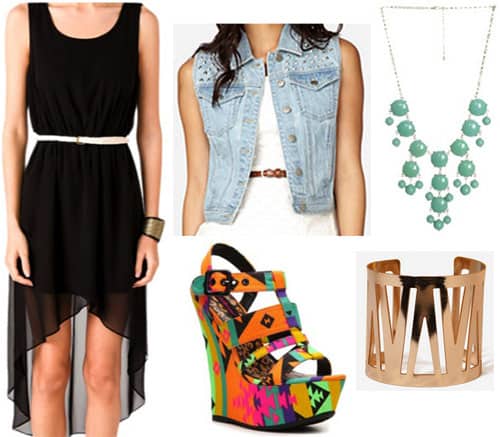 What to wear in Las Vegas: Outfit 3 - High-low dress, funky wedges, denim vest, statement necklace