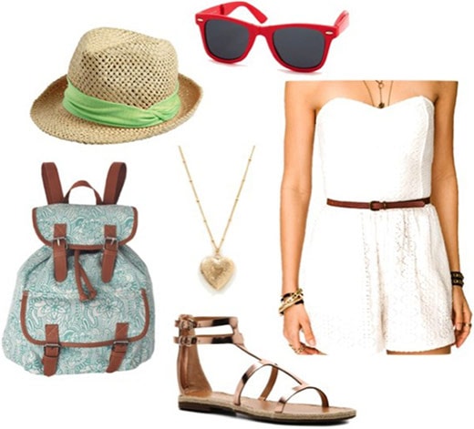 What to wear in Las Vegas: Outfit 1 - white dress, fedora, backpack, sandals, wayfarers