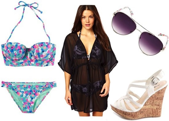 What to wear in Las Vegas: Outfit 2 - Poolside: bikini, cover-up, wedges, aviators