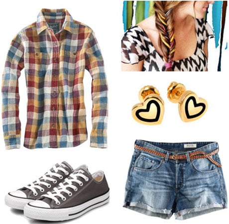 Last minute outfit 1: Flannel shirt, denim cutoffs, Converse sneakers, earrings, side braid