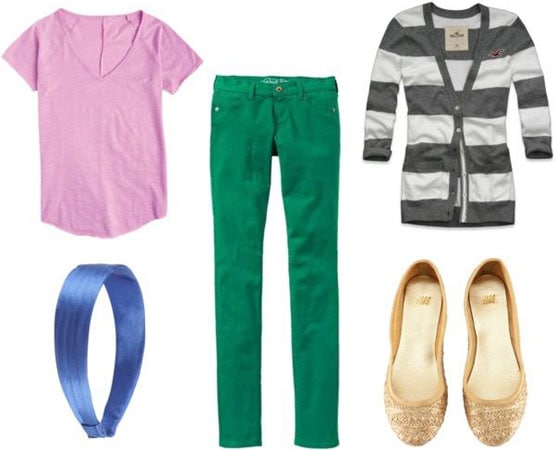 Last minute outfit 2: Bright skinny jeans, basic pink tee, gold sparkle flats, striped cardigan, shiny headband