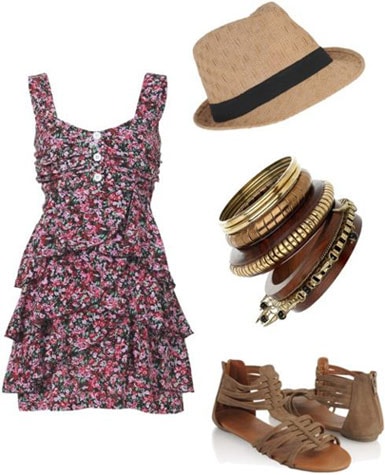 Last minute outfit 4: Pretty dress, sandals, bangles, fedora