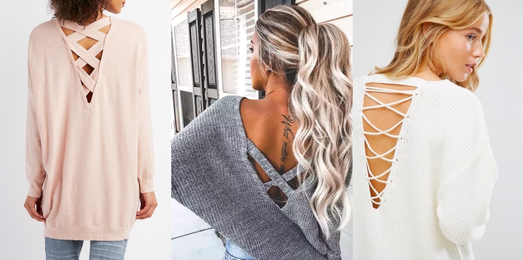 Lattice back sweater trend (from left to right): long soft pink sweater from Charlotte Russe, oversized grey ribbed sweater from Forever 21, and a chunky white sweater from ASOS.