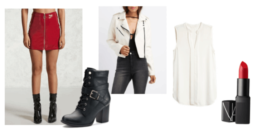 Outfit Inspired by Lauren Blackwell from Blackwell video game series: Nars Cosmetics Jungle Red Lipstick, black, high-heel combat boots, white faux leather moto jacket, white, sleeveless top and a red, patent leather skirt