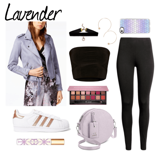 lavender moto jacket, adidas sneakers, Tory Burch fragrnace, choker, bandeau top, eyeshadow palette, lavender bag, hoop earrings, phone case, black leggings