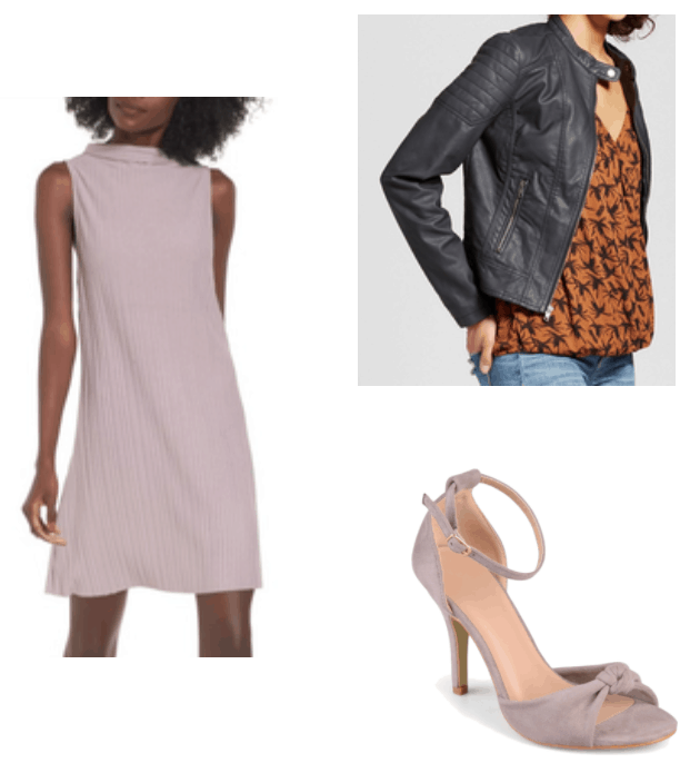 How to wear Spring 2018 trends right now: Lavender dress paired with lavender heels and a black moto jacket