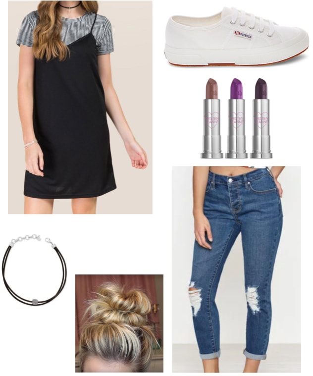 Layered slip dress with a striped tee shirt layer -- how to wear this dress with white sneakers, skinny jeans, a messy bun, a choker and dark lipstick