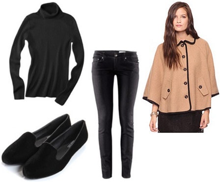 Layered outfit 3: Cape coat, turtleneck, skinny black jeans, flats