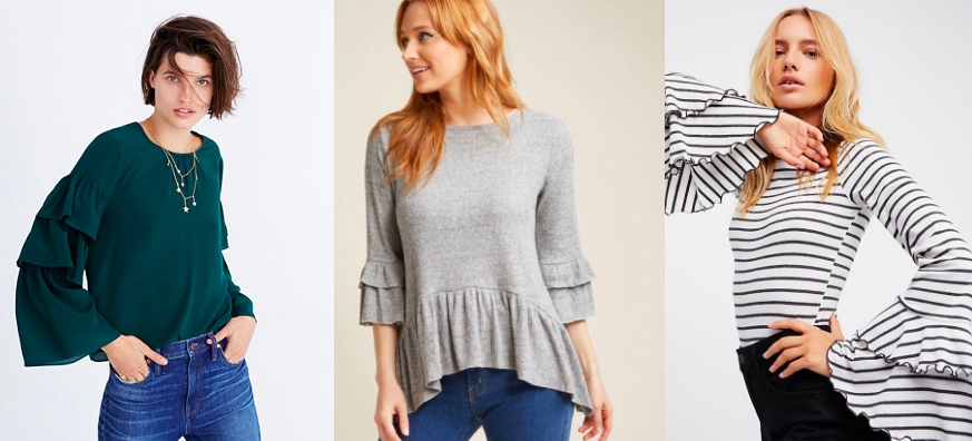 Layered ruffle sleeve top trend (left to right): jade green crew neck long sleeve top from Madewell, 3/4 length sleeve heather grey top with soft peplum from Modcloth, and a black and white striped long sleeve fitted top with bell sleeves from Free People.