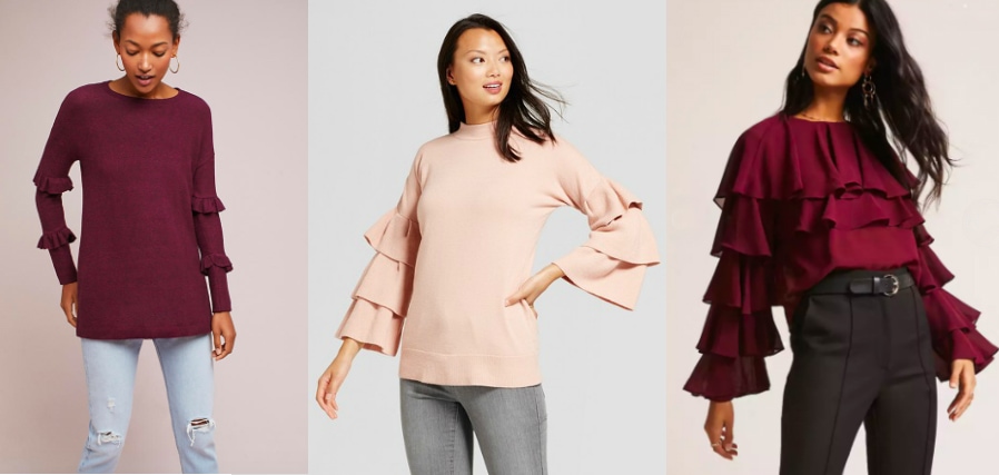 Layered ruffle sleeve trend (left to right): long plum sweater from Anthropologie, pale pink ruffle pullover sweater from Target, and tiered ruffle burgundy sweater from Forever 21.