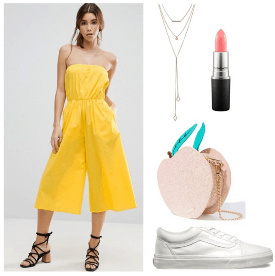 Lazy girl outfits: Yellow jumpsuit, white sneakers, peach bag