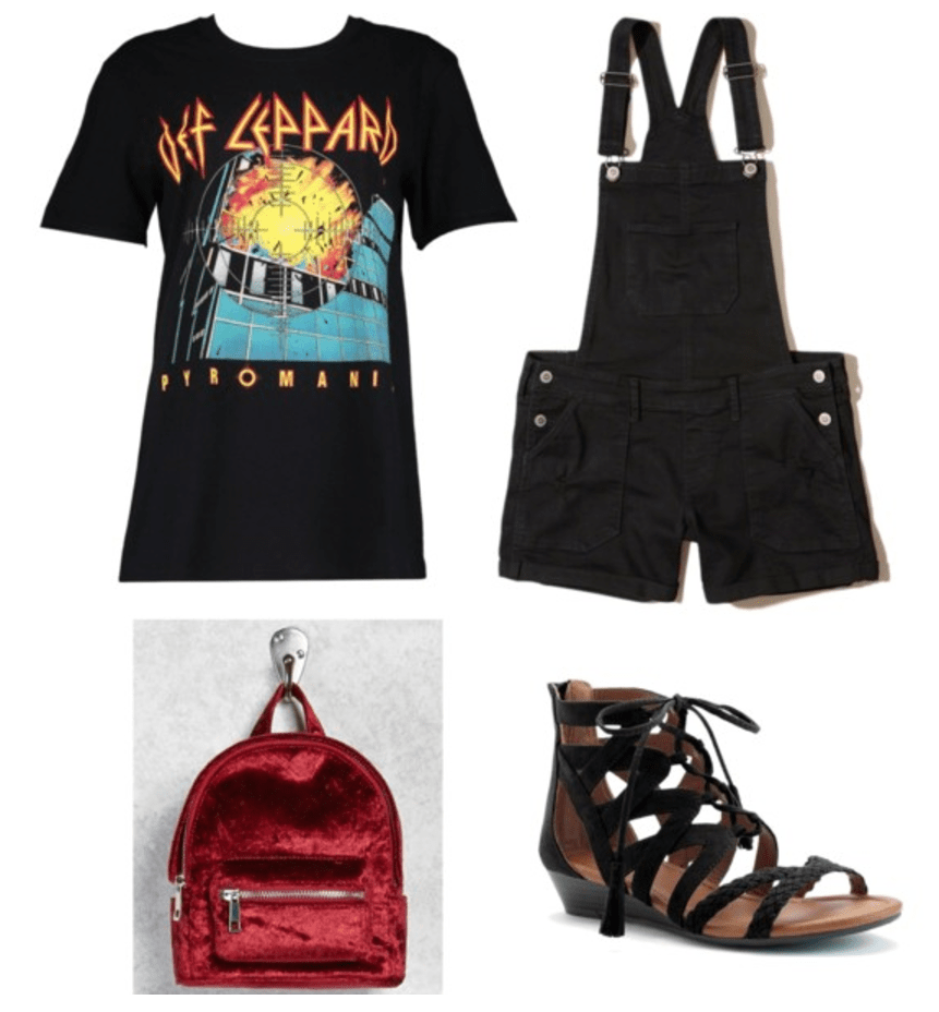 Lazy girl outfits: Band tee, black overalls, black sandals, red backpack