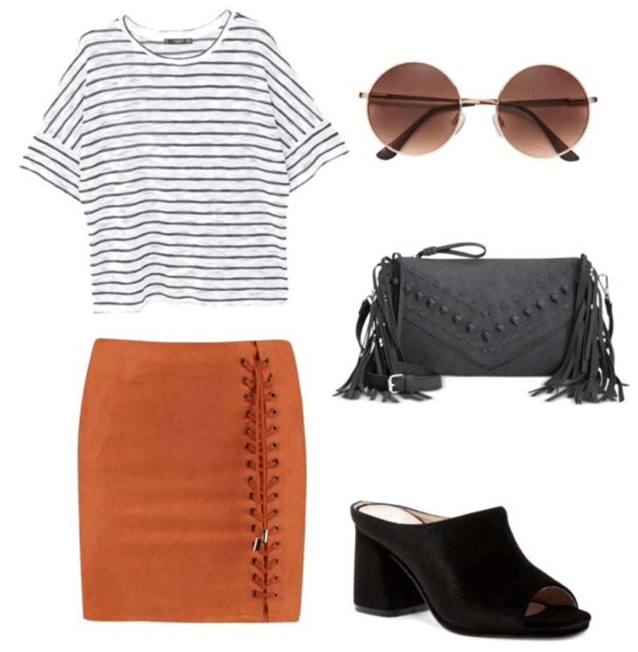 Lazy girl outfits: Striped shirt, suede skirt, mules.