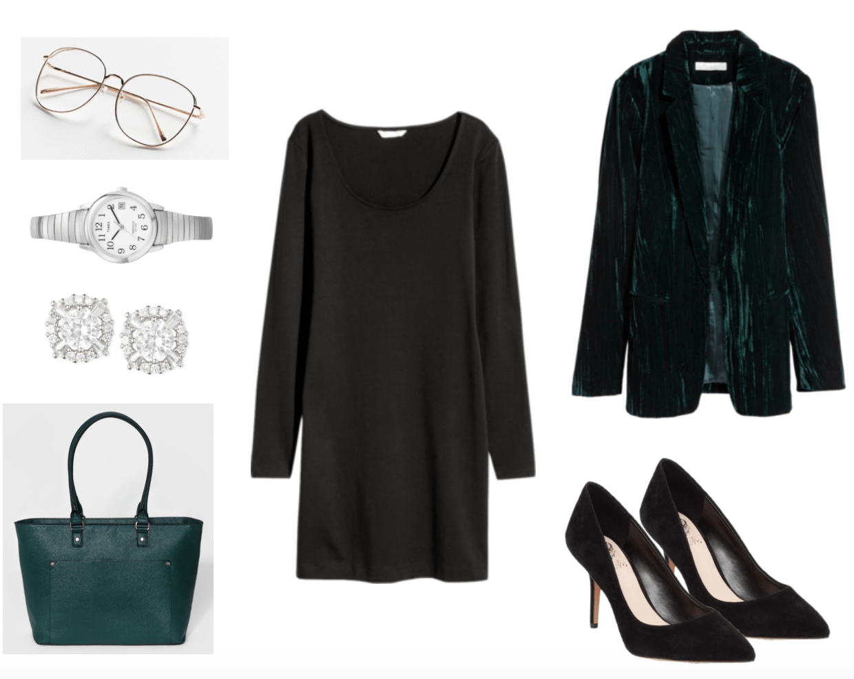 Little black dress outfit: LBD with teal blazer and tote for work or internship.