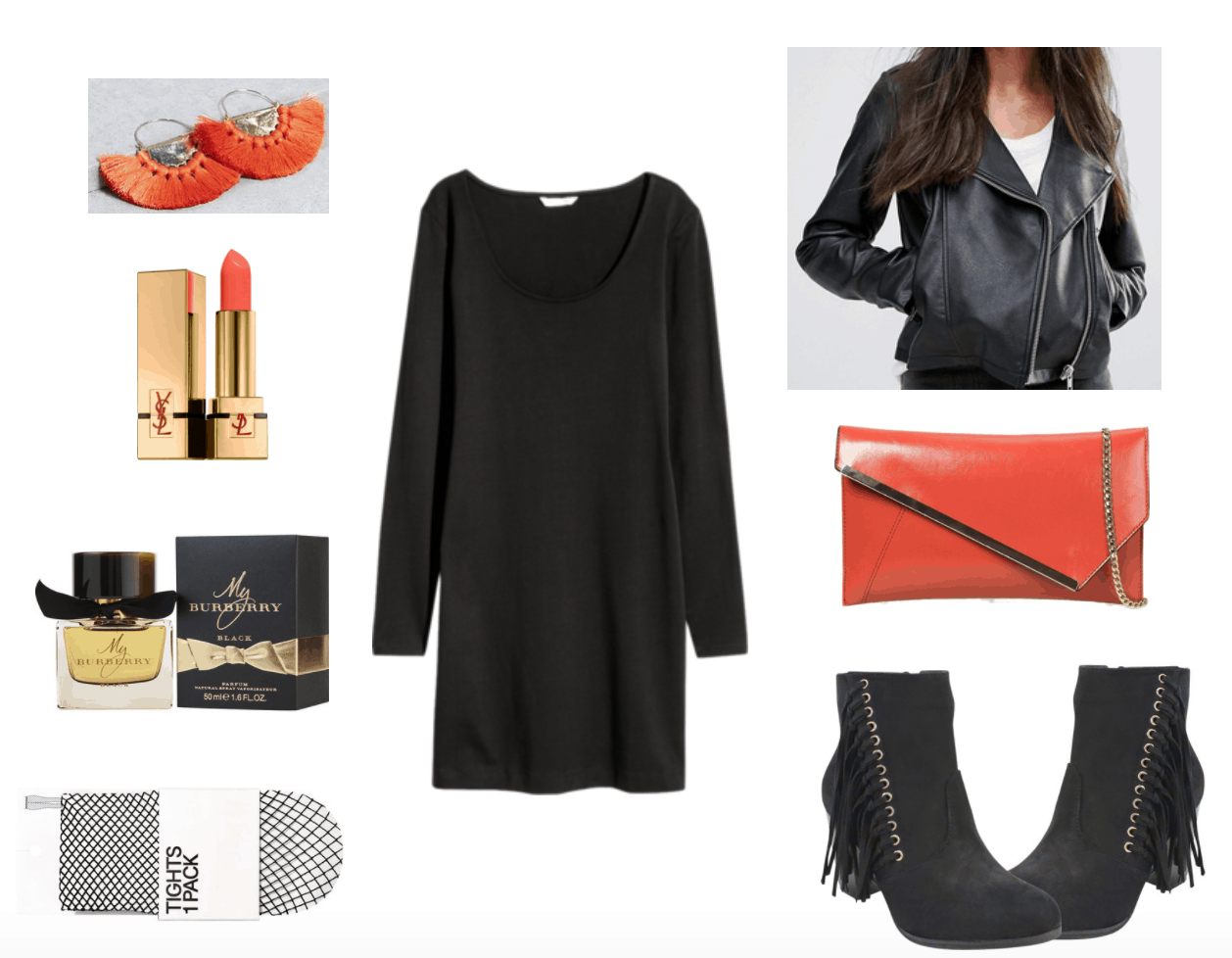 Little black dress outfit: LBD with orange clutch, earrings and lipstick.