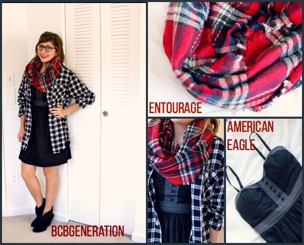 LBD-With-Plaid-Shirt-and-Plaid-Scarf-Black-Ankle-Boots-Summer-to-Fall