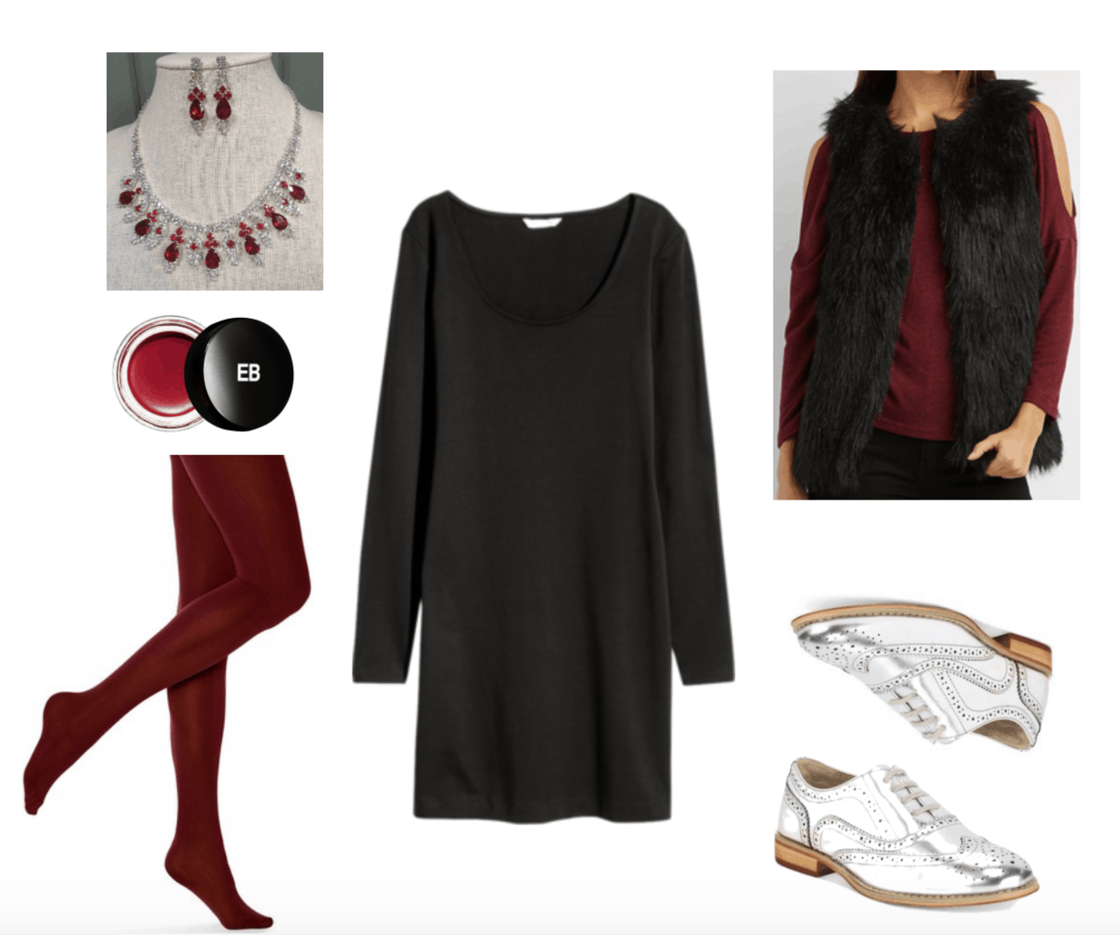 Little black dress outfit: LBD styled for Thanksgiving dinner with red tights and accessories.