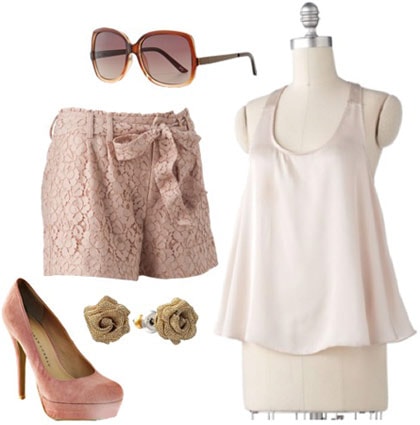 LC Lauren Conrad Spring 2012 Outfit 3: Pink shorts, silk cami, floral earrings, pink pumps, sunnies