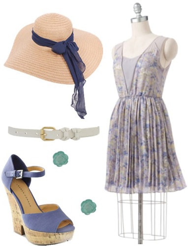 LC Lauren Conrad Spring 2012 Outfit 5: Blue floral dress, blue wedges, sun hat, white belt, green earrings