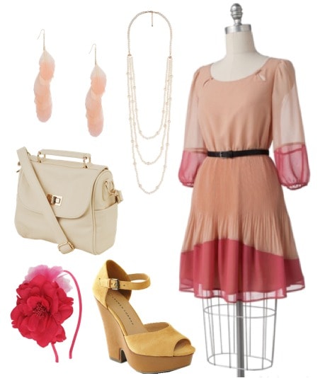 LC Lauren Conrad for Kohl's Spring 2012 Outfit 1: Pink colorblock dress, wedges, cross-body bag, headband, earrings, necklace