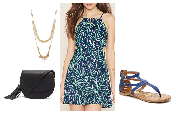 Leaf patterned dress blue spring outfit