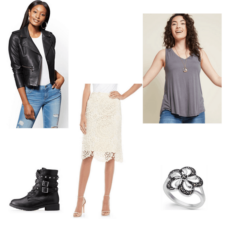 Outfit with leather jacket, white lace skirt, grey tank, combat boots, and flower ring