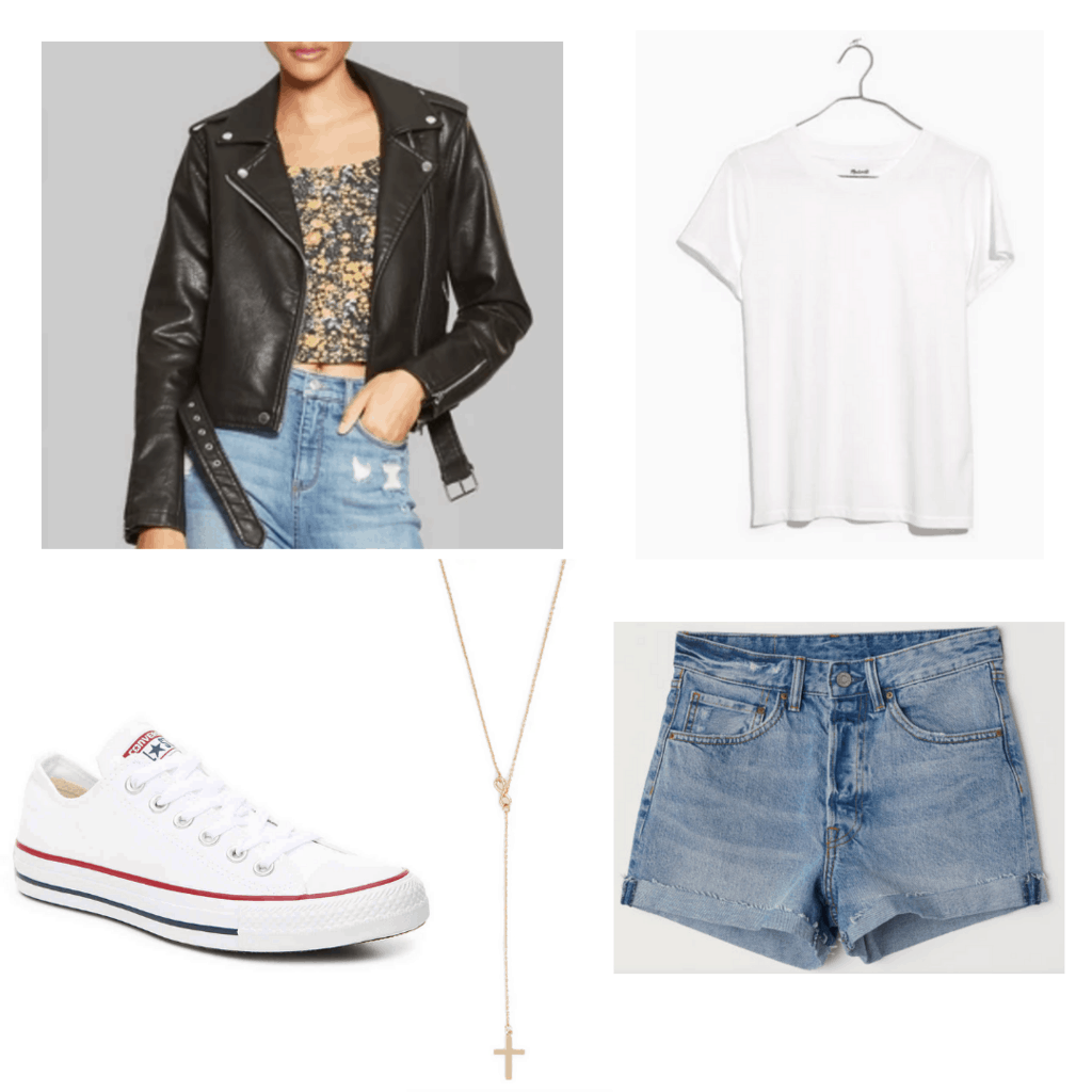 Back leather jacket with whit crew t-shirt, denim jeans, white converse, and gold cross necklace