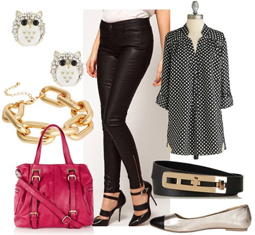 How to style leather jeans for day with a polka dot blouse, black belt, metallic flats, a pink shoulder bag and fun jewelry