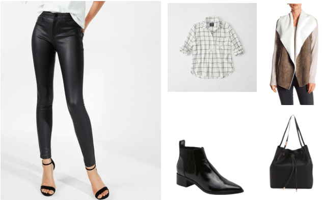 Leather leggings outfit for class: Black leather leggings, checkered shirt, Chelsea boots, shearling vest