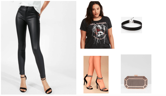 Leather leggings outfit for night out: Black leather leggings, band tee shirt, choker necklace, box clutch, pearl heels